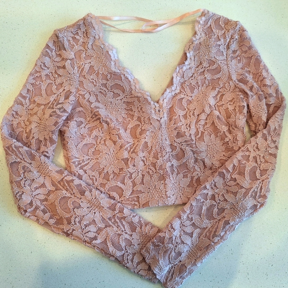 City Studio Cropped top, Pink, Sparkly with Lace and Low V neck/back